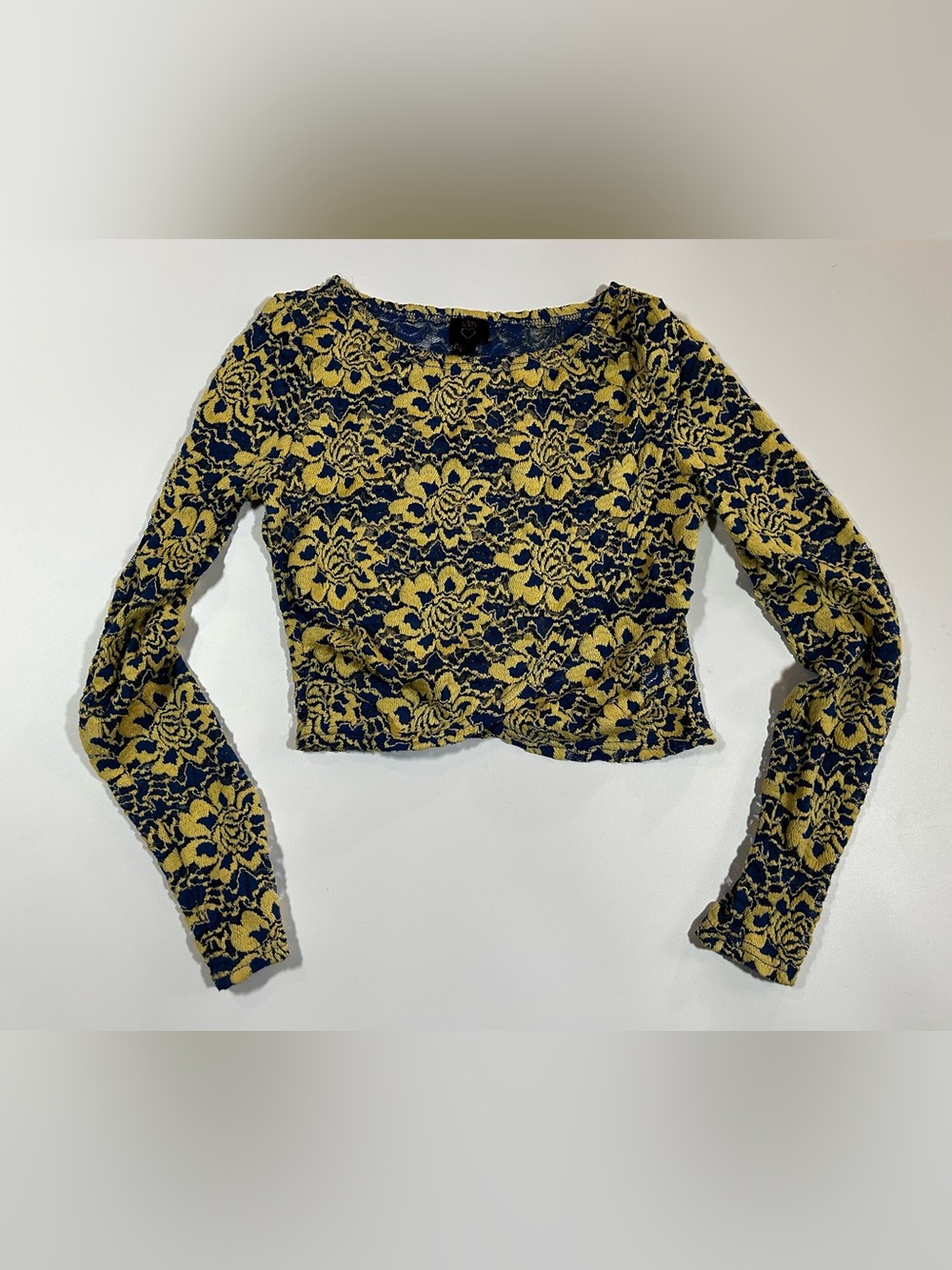 On Twelfth Blue Yellow Floral Lace Crop Top Long Sleeve Small
